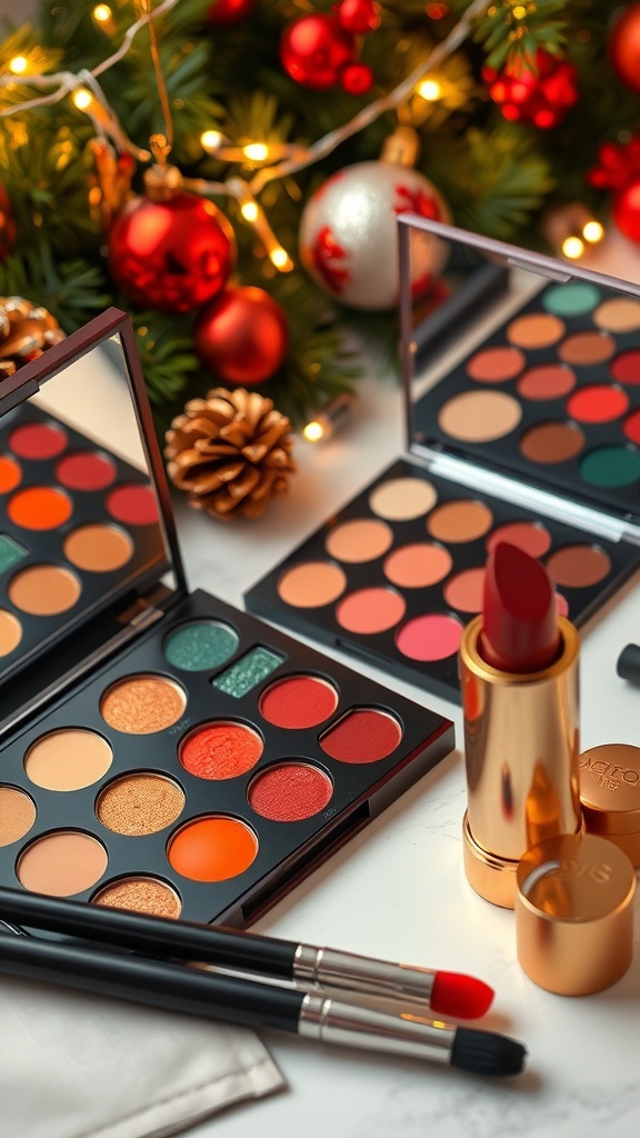 Festive Christmas makeup setup with eyeshadow palette, red lipstick, and holiday decorations.